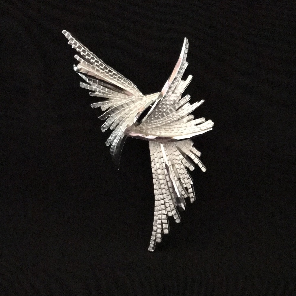 Art Deco Brooch Silver Tone Brushed / Textured Metal, Vintage